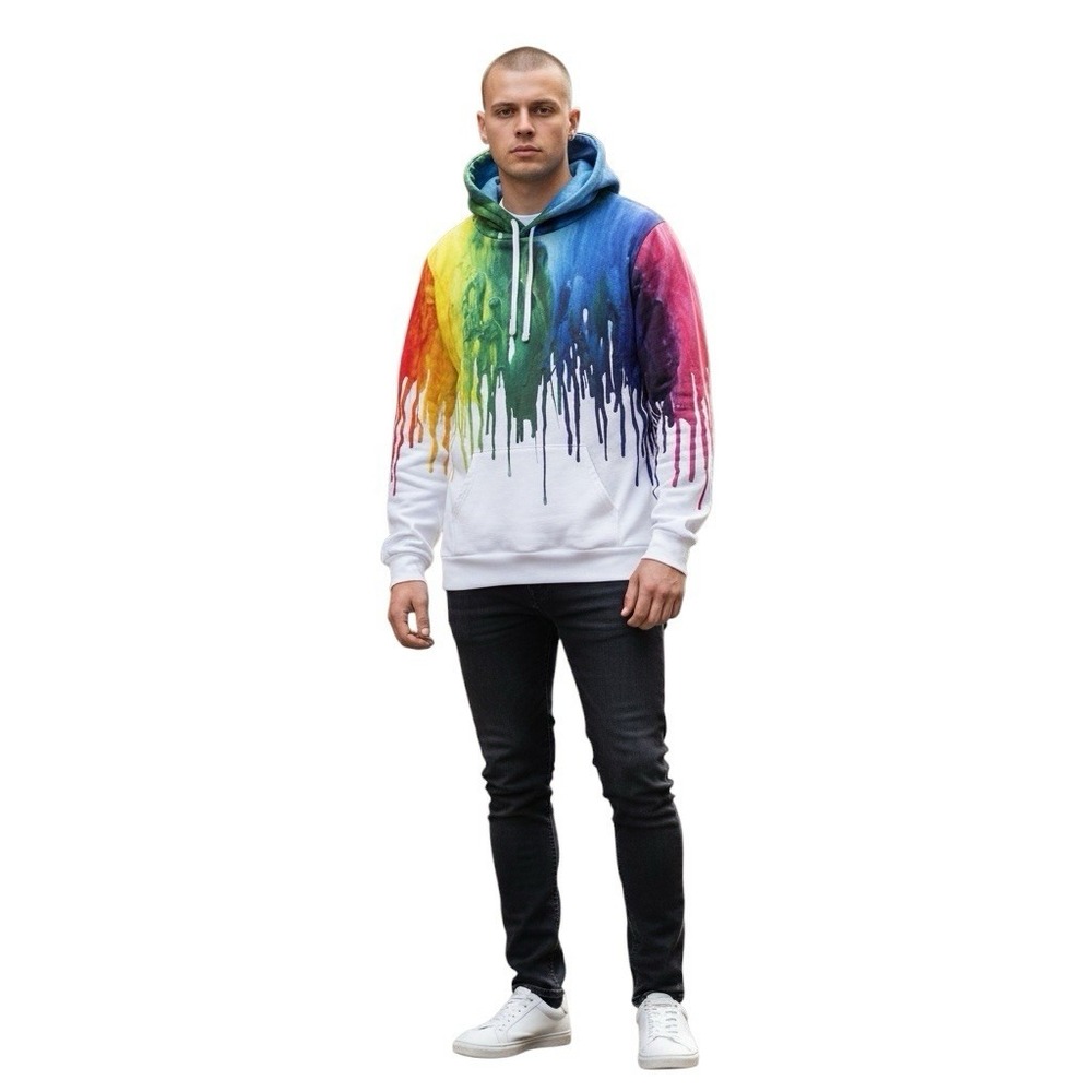3D Rainbow Paint Drip Hoodie L/XL Color Splash Graphic Pullover Unisex Art NWOT